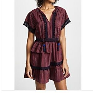 Sea New York Peasant Dress Burgundy Black Ruffled Pom Poms Lace Trim size 2